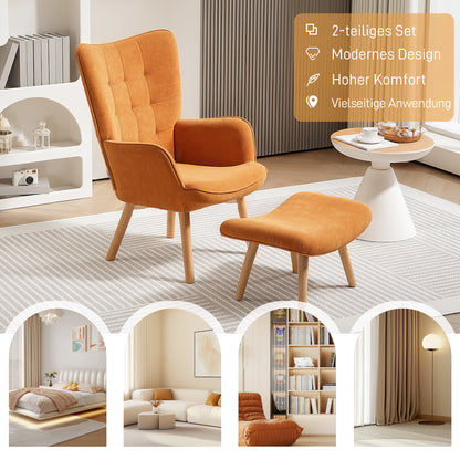 Armchair with Footstool, High Back Wingback Chair, Wooden Legs, Lounge Chair with Tufted Design, Corduroy Look, for Living Room, Brown