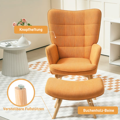 Armchair with Footstool, High Back Wingback Chair, Wooden Legs, Lounge Chair with Tufted Design, Corduroy Look, for Living Room, Brown