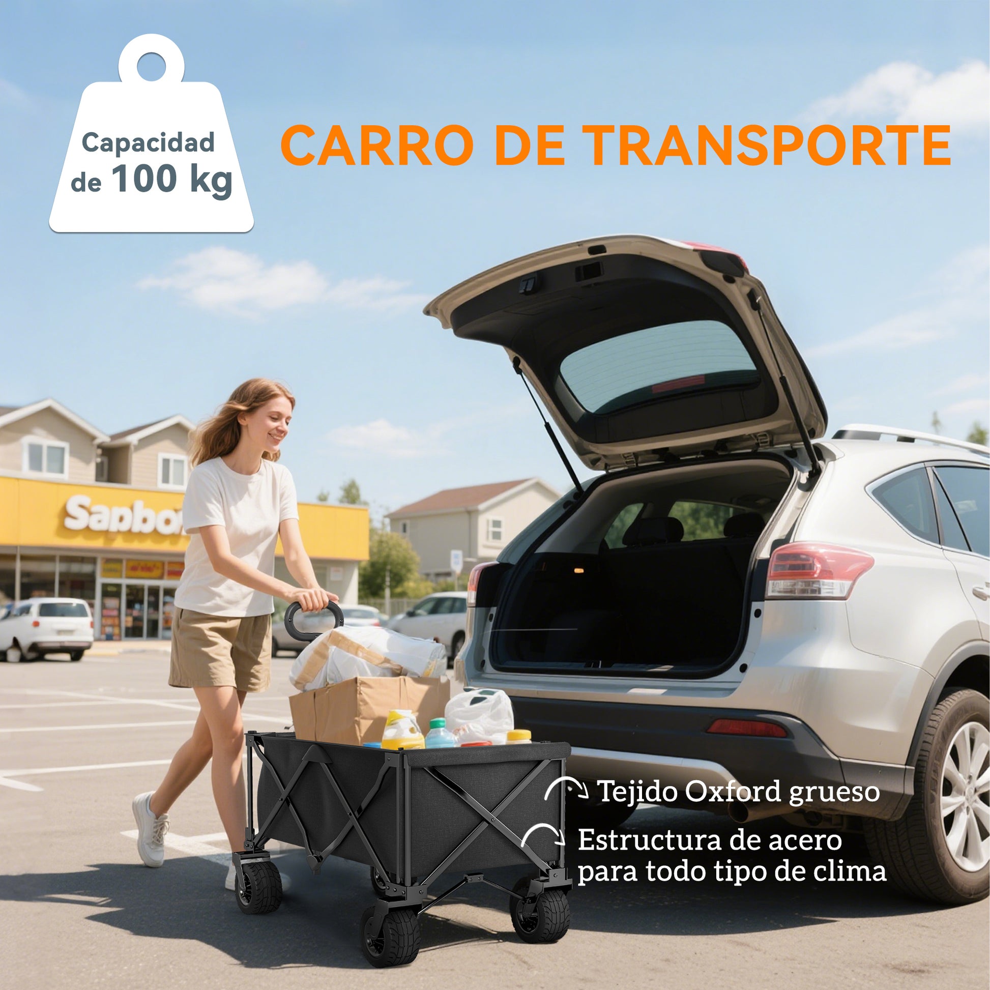 Beach Cart Large Wheels Folding Garden Cart with Adjustable Handle Expandable Rear Door Capacity 100 kg All-Terrain Garden Campaign Shopping Cart Black