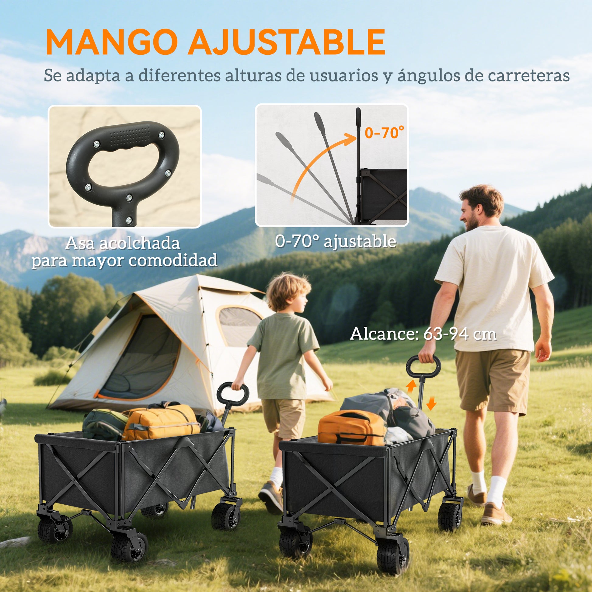 Beach Cart Large Wheels Folding Garden Cart with Adjustable Handle Expandable Rear Door Capacity 100 kg All-Terrain Garden Campaign Shopping Cart Black