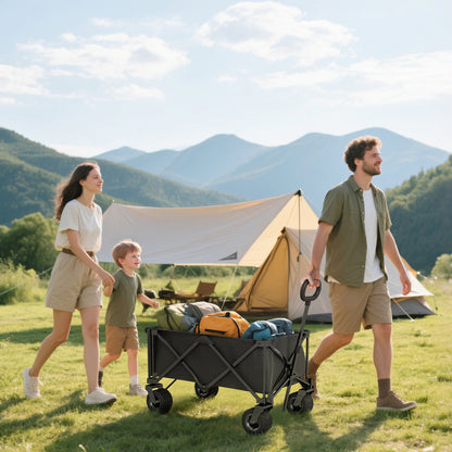 Beach Cart Large Wheels Folding Garden Cart with Adjustable Handle Expandable Rear Door Capacity 100 kg All-Terrain Garden Campaign Shopping Cart Black