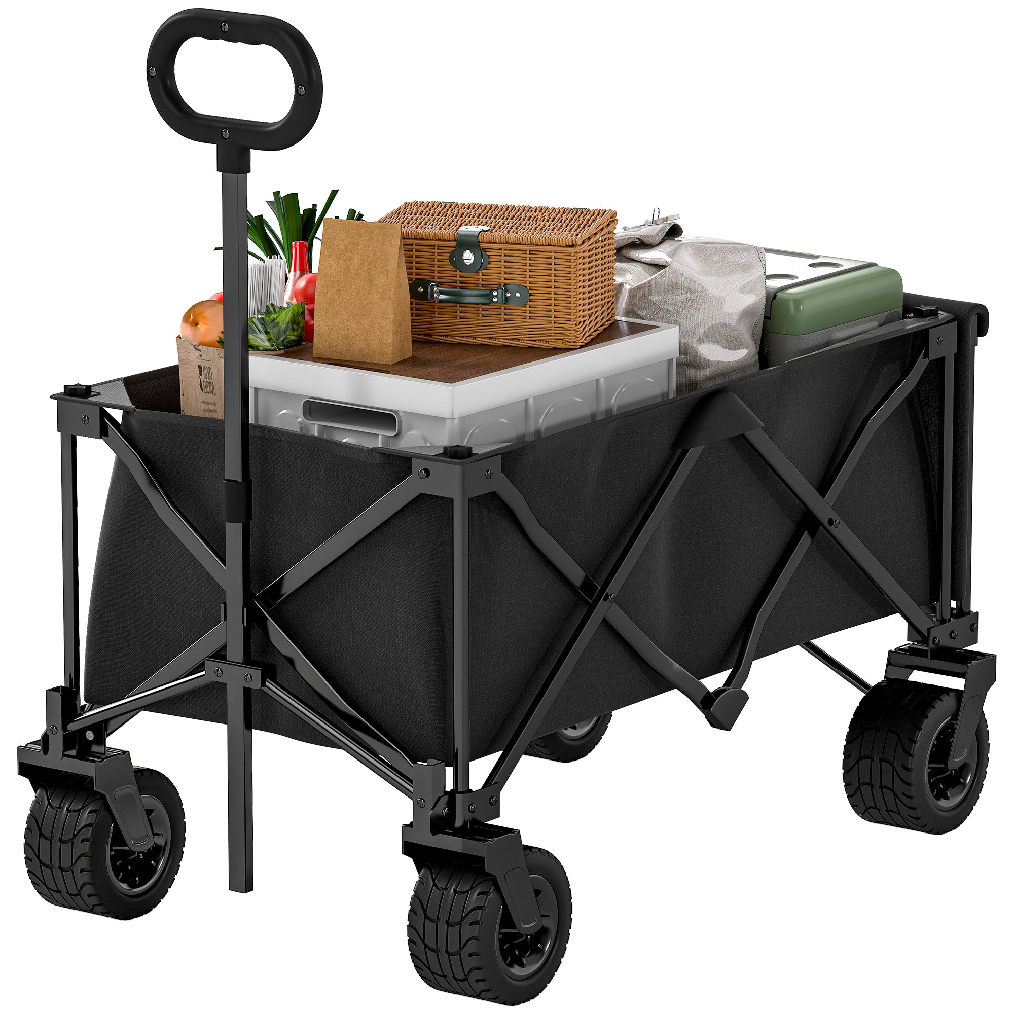 Beach Cart Large Wheels Folding Garden Cart with Adjustable Handle Expandable Rear Door Capacity 100 kg All-Terrain Garden Campaign Shopping Cart Black