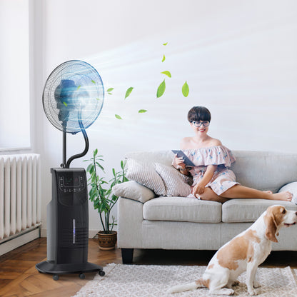 Oscillating Pedestal Fan with Misting 90W Negative Ions Remote Control 5 Blades 3.1 L Water Tank 3 Speeds Timer and Wheels 44.5x44.5x135 cm Black