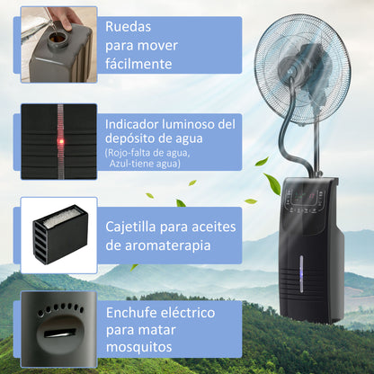 Oscillating Pedestal Fan with Misting 90W Negative Ions Remote Control 5 Blades 3.1 L Water Tank 3 Speeds Timer and Wheels 44.5x44.5x135 cm Black