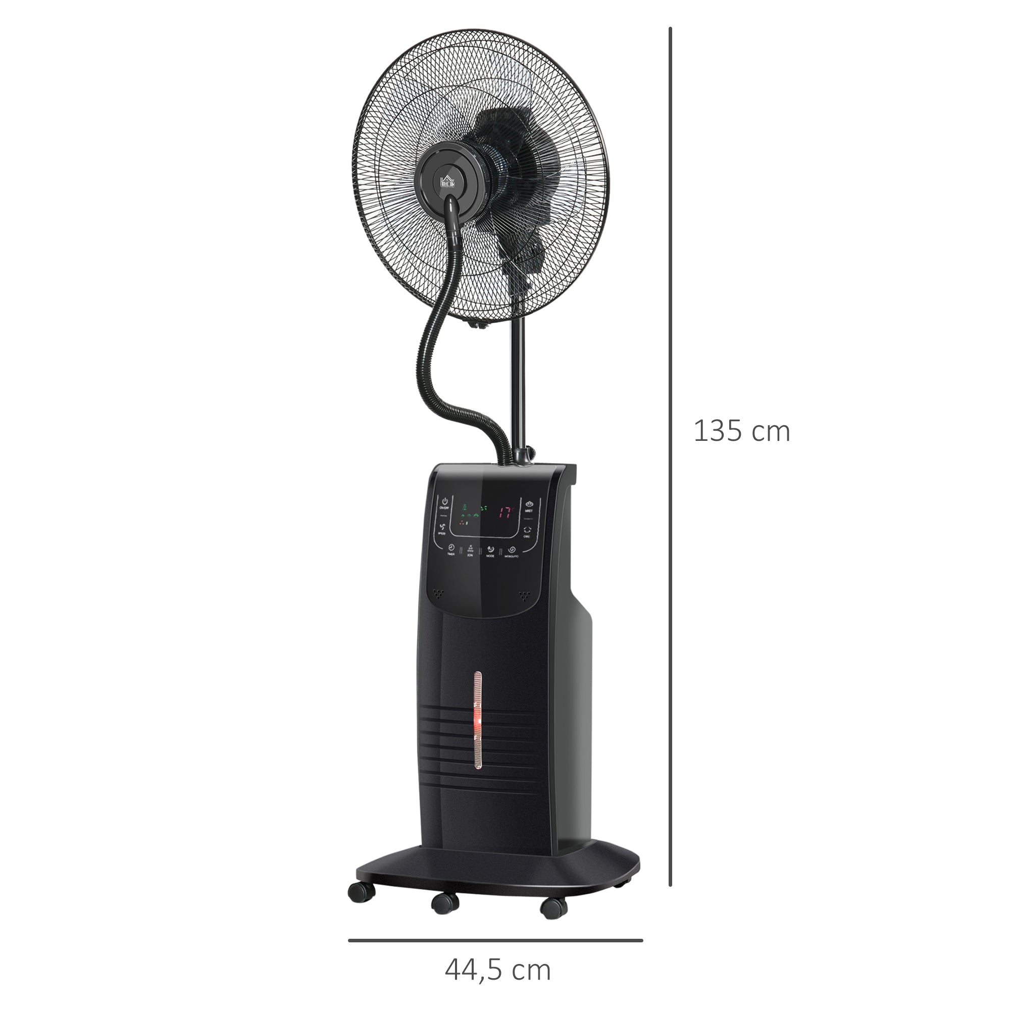Oscillating Pedestal Fan with Misting 90W Negative Ions Remote Control 5 Blades 3.1 L Water Tank 3 Speeds Timer and Wheels 44.5x44.5x135 cm Black