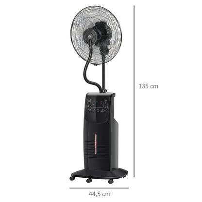 Oscillating Pedestal Fan with Misting 90W Negative Ions Remote Control 5 Blades 3.1 L Water Tank 3 Speeds Timer and Wheels 44.5x44.5x135 cm Black
