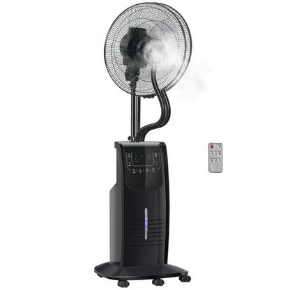 Oscillating Pedestal Fan with Misting 90W Negative Ions Remote Control 5 Blades 3.1 L Water Tank 3 Speeds Timer and Wheels 44.5x44.5x135 cm Black