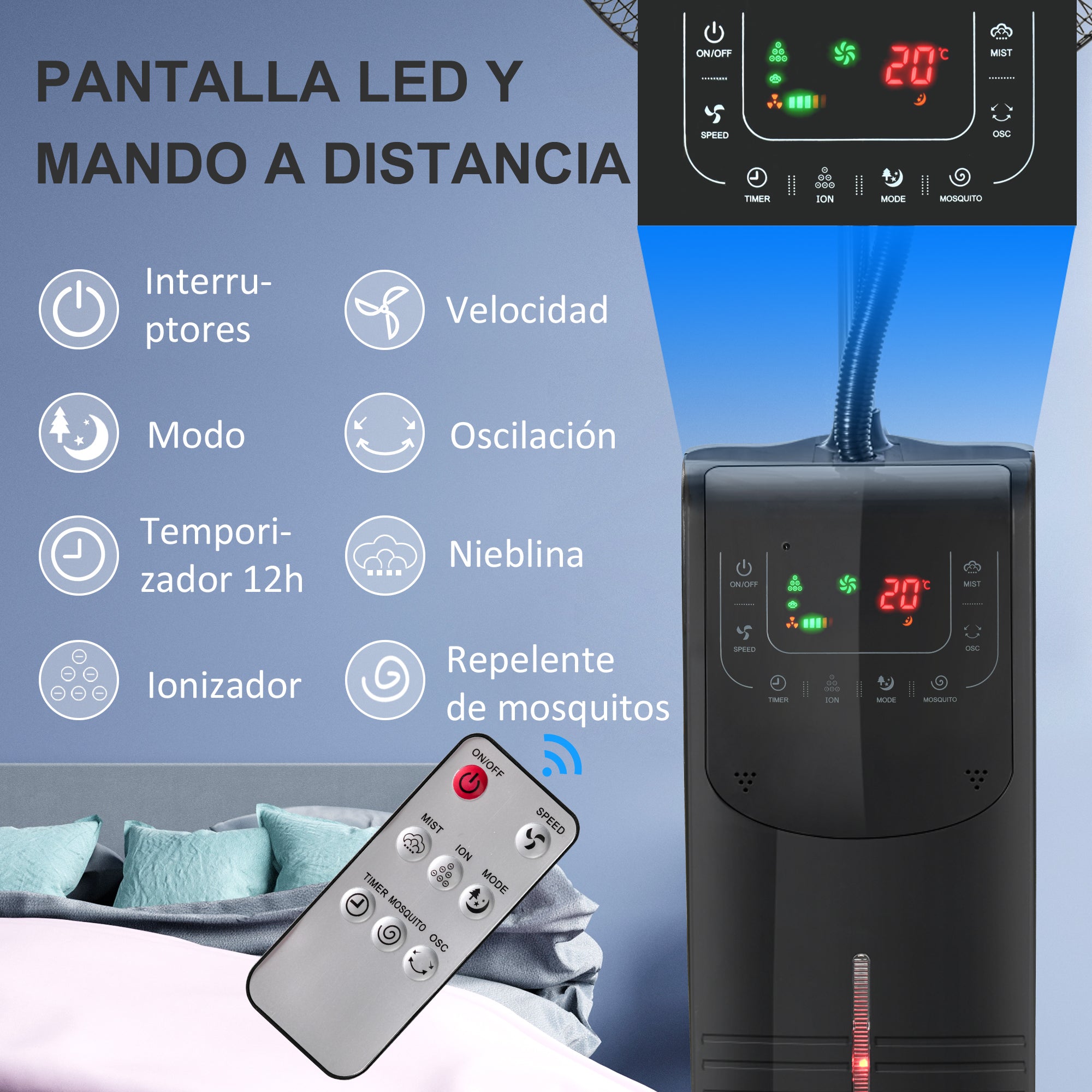 Oscillating Pedestal Fan with Misting 90W Negative Ions Remote Control 5 Blades 3.1 L Water Tank 3 Speeds Timer and Wheels 44.5x44.5x135 cm Black