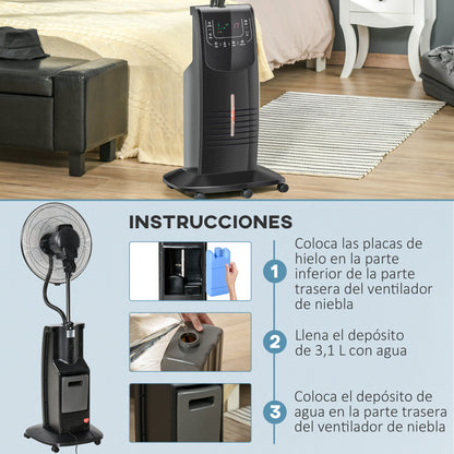 Oscillating Pedestal Fan with Misting 90W Negative Ions Remote Control 5 Blades 3.1 L Water Tank 3 Speeds Timer and Wheels 44.5x44.5x135 cm Black