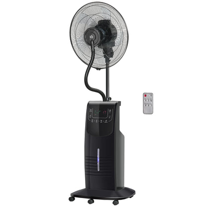 Oscillating Pedestal Fan with Misting 90W Negative Ions Remote Control 5 Blades 3.1 L Water Tank 3 Speeds Timer and Wheels 44.5x44.5x135 cm Black