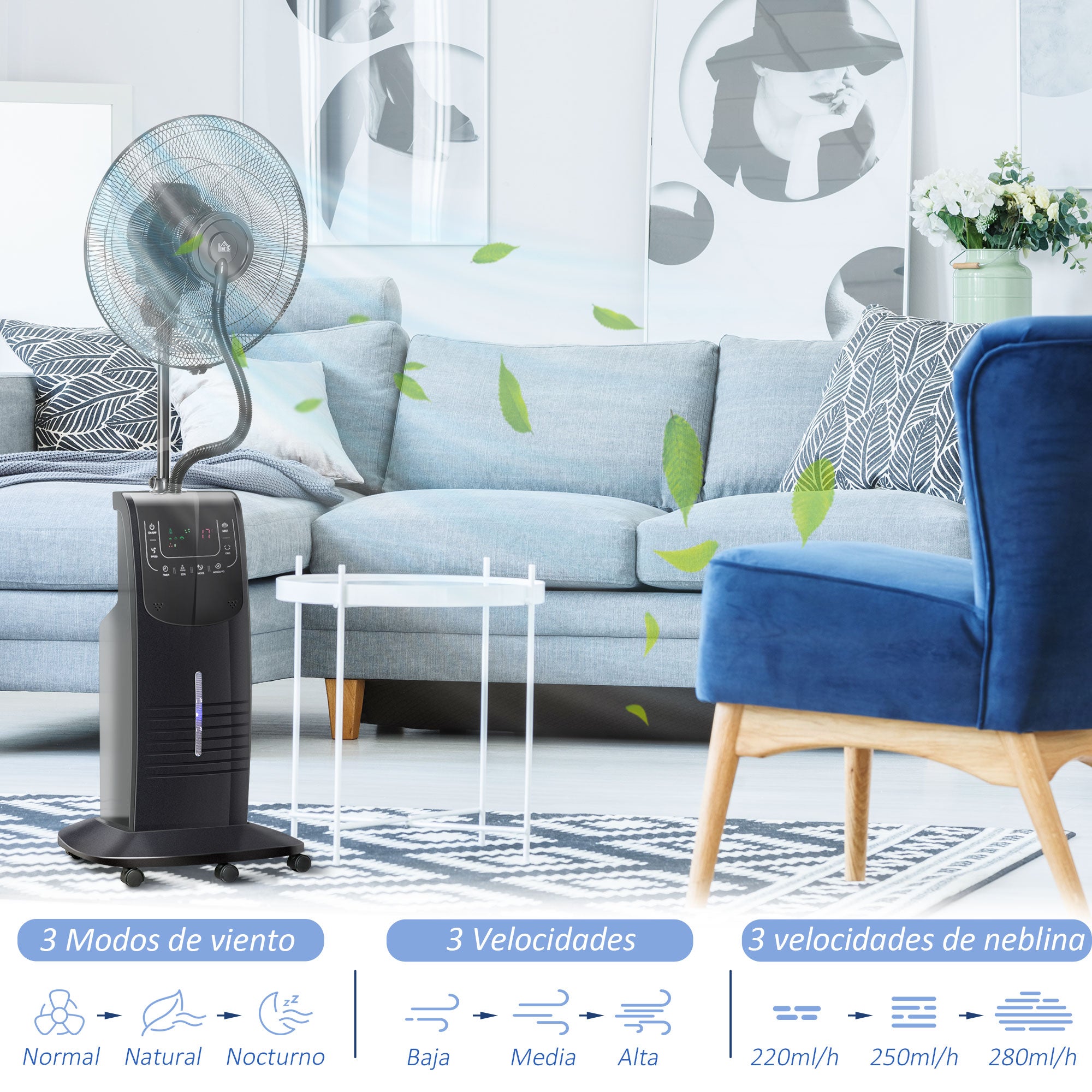Oscillating Pedestal Fan with Misting 90W Negative Ions Remote Control 5 Blades 3.1 L Water Tank 3 Speeds Timer and Wheels 44.5x44.5x135 cm Black