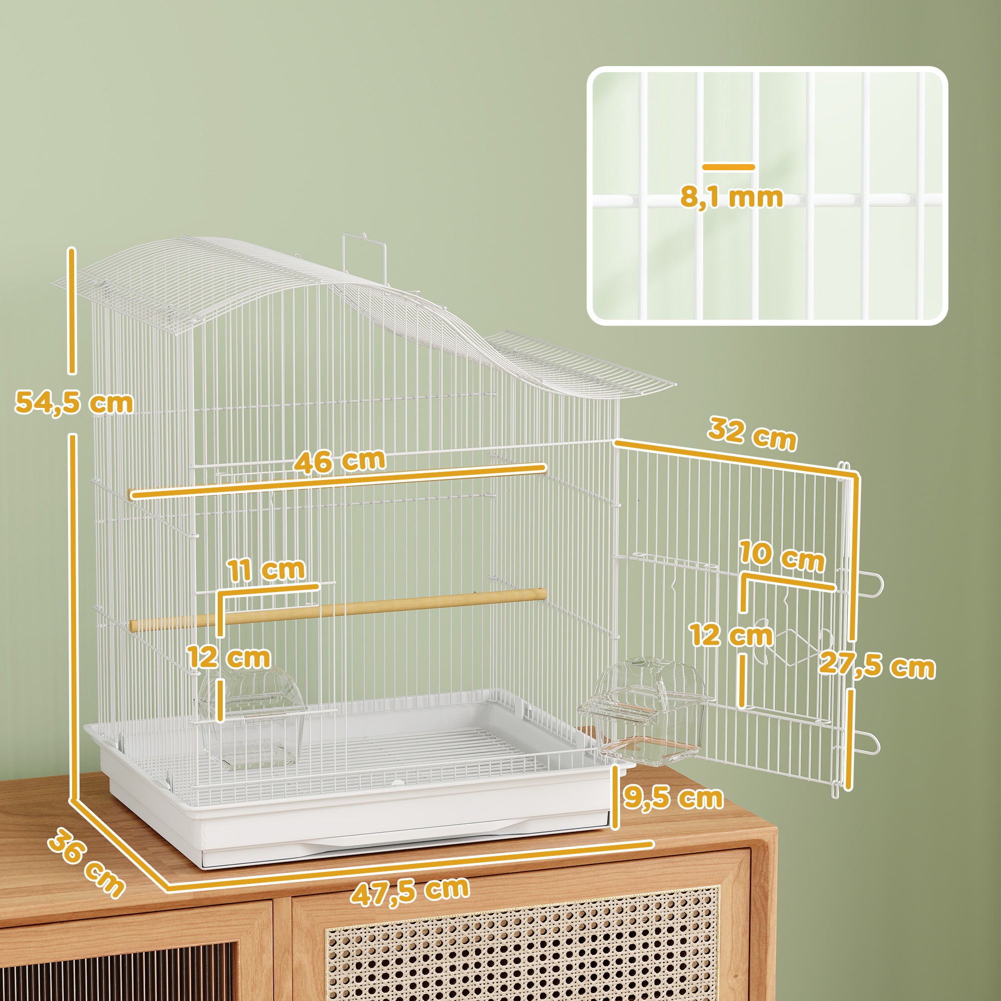 Bird Cage Aviary with 4 Doors, 2 Perches, Sliding Tray for Lovebirds, Parakeets & Finches — 18.7 x 14.2 x 21.5 in (47.5 x 36 x 54.5 cm), White