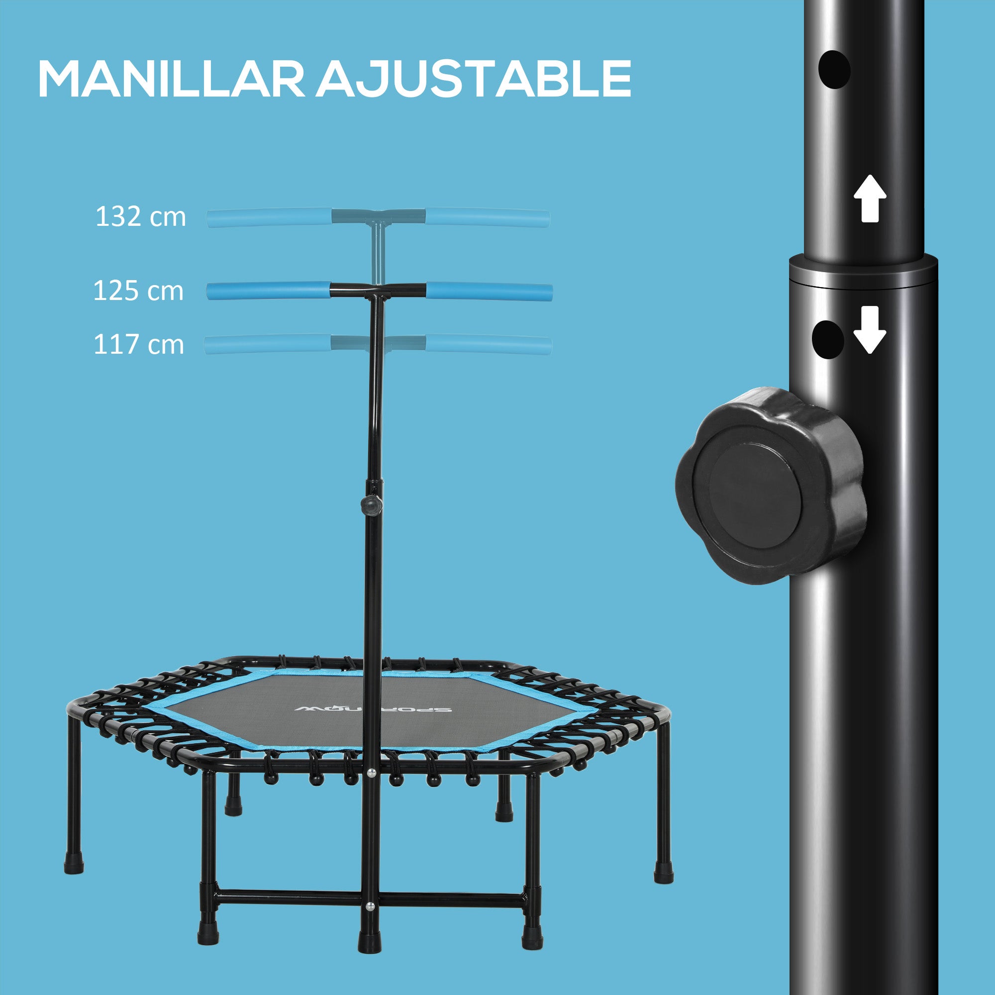 SPORTNOW Fitness Trampoline 114x114x132 cm Elastic Bed Fitness with Adjustable 3-Level Handlebar Steel Frame for Legs Body Training at Home Office Gym Blue