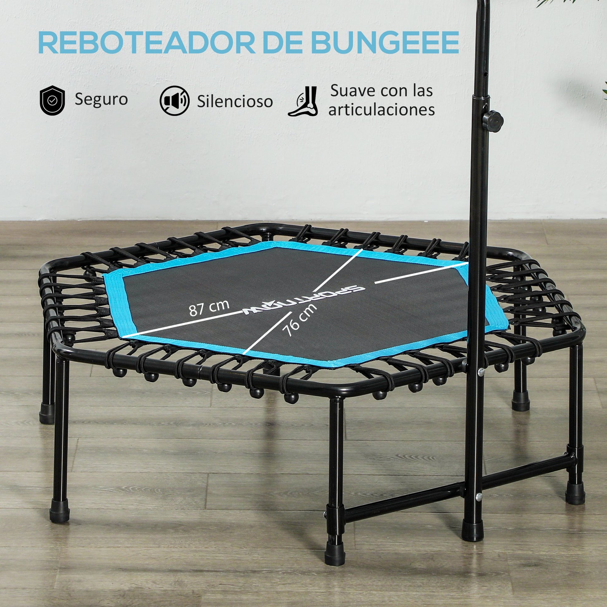 SPORTNOW Fitness Trampoline 114x114x132 cm Elastic Bed Fitness with Adjustable 3-Level Handlebar Steel Frame for Legs Body Training at Home Office Gym Blue