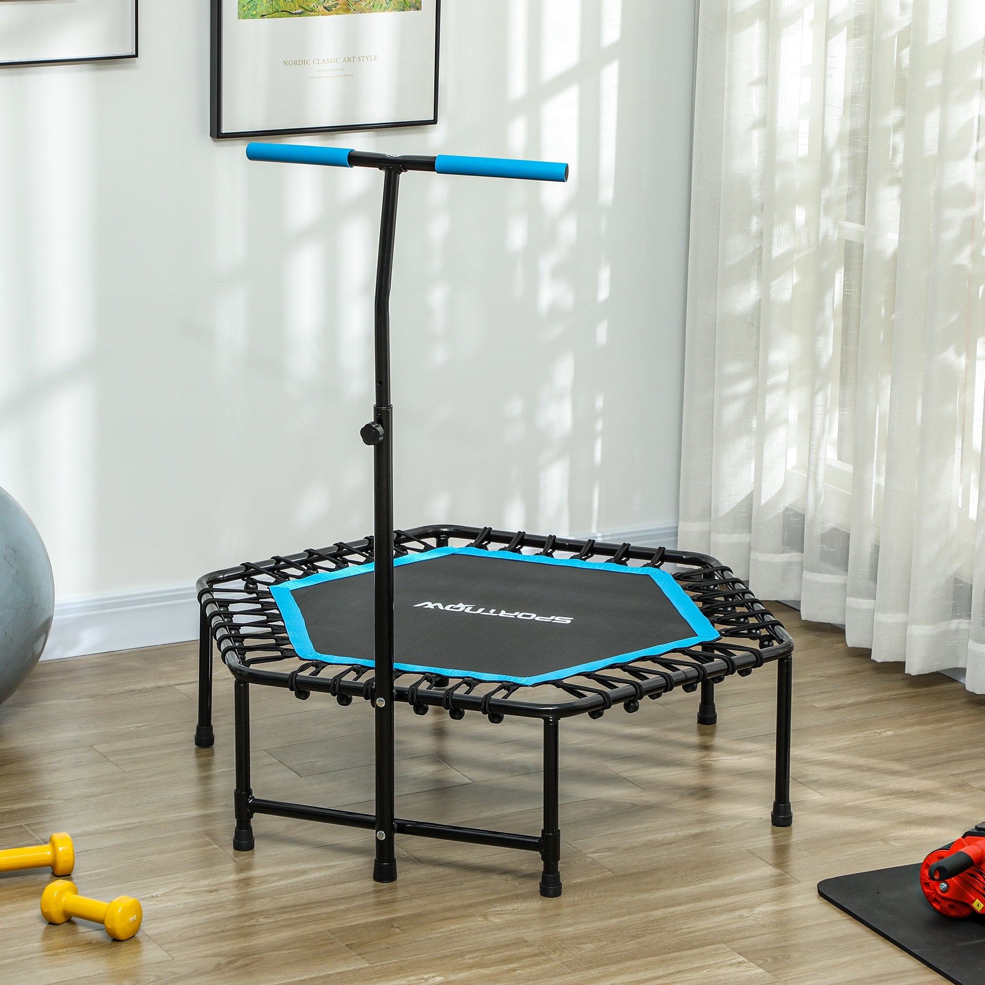 SPORTNOW Fitness Trampoline 114x114x132 cm Elastic Bed Fitness with Adjustable 3-Level Handlebar Steel Frame for Legs Body Training at Home Office Gym Blue