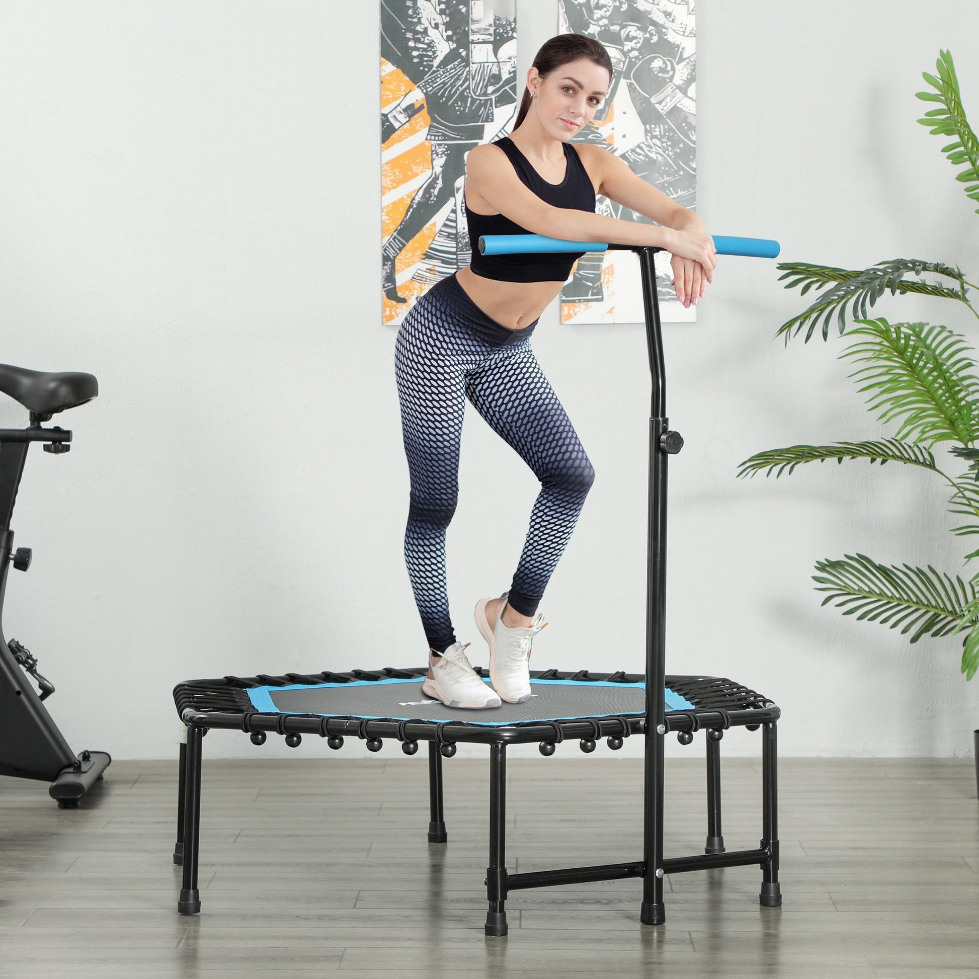 SPORTNOW Fitness Trampoline 114x114x132 cm Elastic Bed Fitness with Adjustable 3-Level Handlebar Steel Frame for Legs Body Training at Home Office Gym Blue