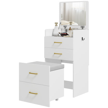 3-in-1 Makeup Dressing Table with Stool Makeup Table with Mirror Drawers and Visible Glass Tabletop Modern Dressing Table for Bedroom 48x40x90 cm White