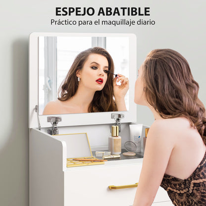 3-in-1 Makeup Dressing Table with Stool Makeup Table with Mirror Drawers and Visible Glass Tabletop Modern Dressing Table for Bedroom 48x40x90 cm White