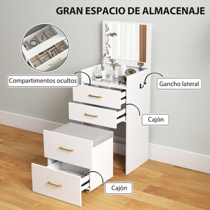 3-in-1 Makeup Dressing Table with Stool Makeup Table with Mirror Drawers and Visible Glass Tabletop Modern Dressing Table for Bedroom 48x40x90 cm White
