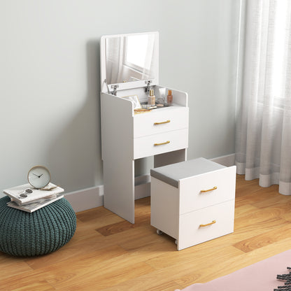 3-in-1 Makeup Dressing Table with Stool Makeup Table with Mirror Drawers and Visible Glass Tabletop Modern Dressing Table for Bedroom 48x40x90 cm White