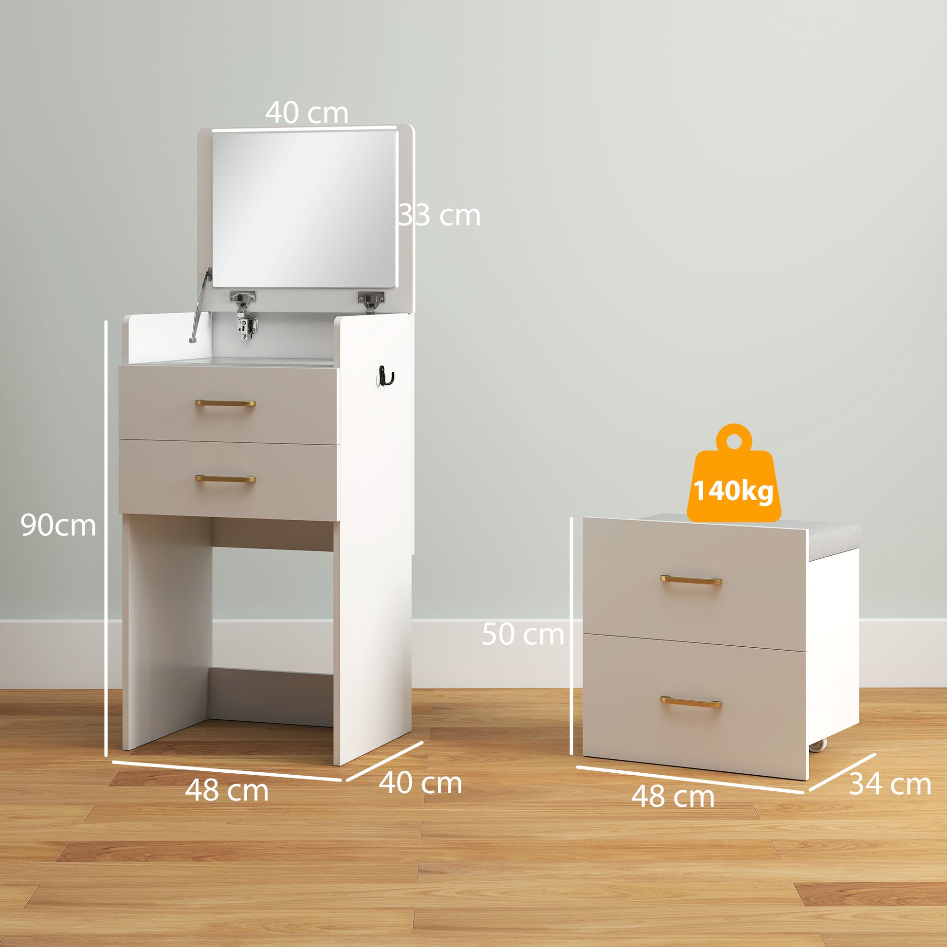 3-in-1 Makeup Dressing Table with Stool Makeup Table with Mirror Drawers and Visible Glass Tabletop Modern Dressing Table for Bedroom 48x40x90 cm White