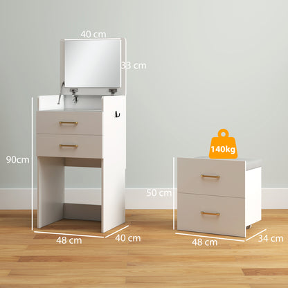 3-in-1 Makeup Dressing Table with Stool Makeup Table with Mirror Drawers and Visible Glass Tabletop Modern Dressing Table for Bedroom 48x40x90 cm White
