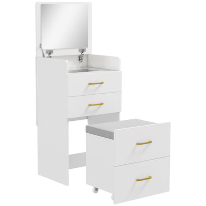 3-in-1 Makeup Dressing Table with Stool Makeup Table with Mirror Drawers and Visible Glass Tabletop Modern Dressing Table for Bedroom 48x40x90 cm White