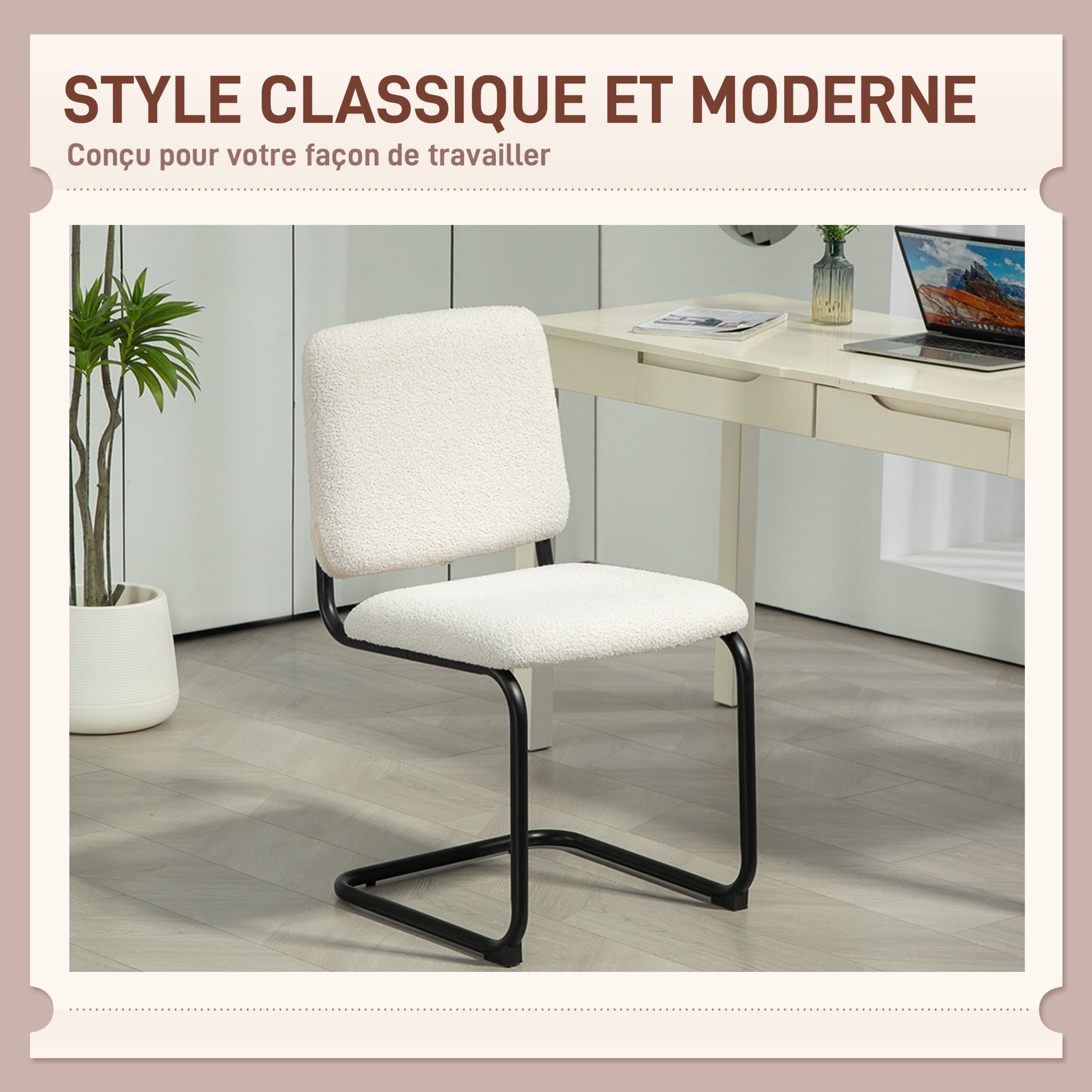 Dining Chair, Kitchen Chair with Loop Wool-Effect Upholstery, Padded Seat, and Steel Legs for Living Room, Dining Room, Bedroom, Cream