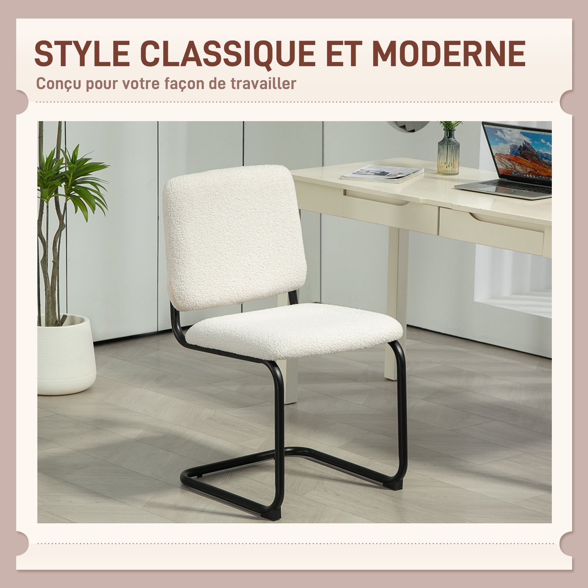 Dining Chair, Kitchen Chair with Loop Wool-Effect Upholstery, Padded Seat, and Steel Legs for Living Room, Dining Room, Bedroom, Cream