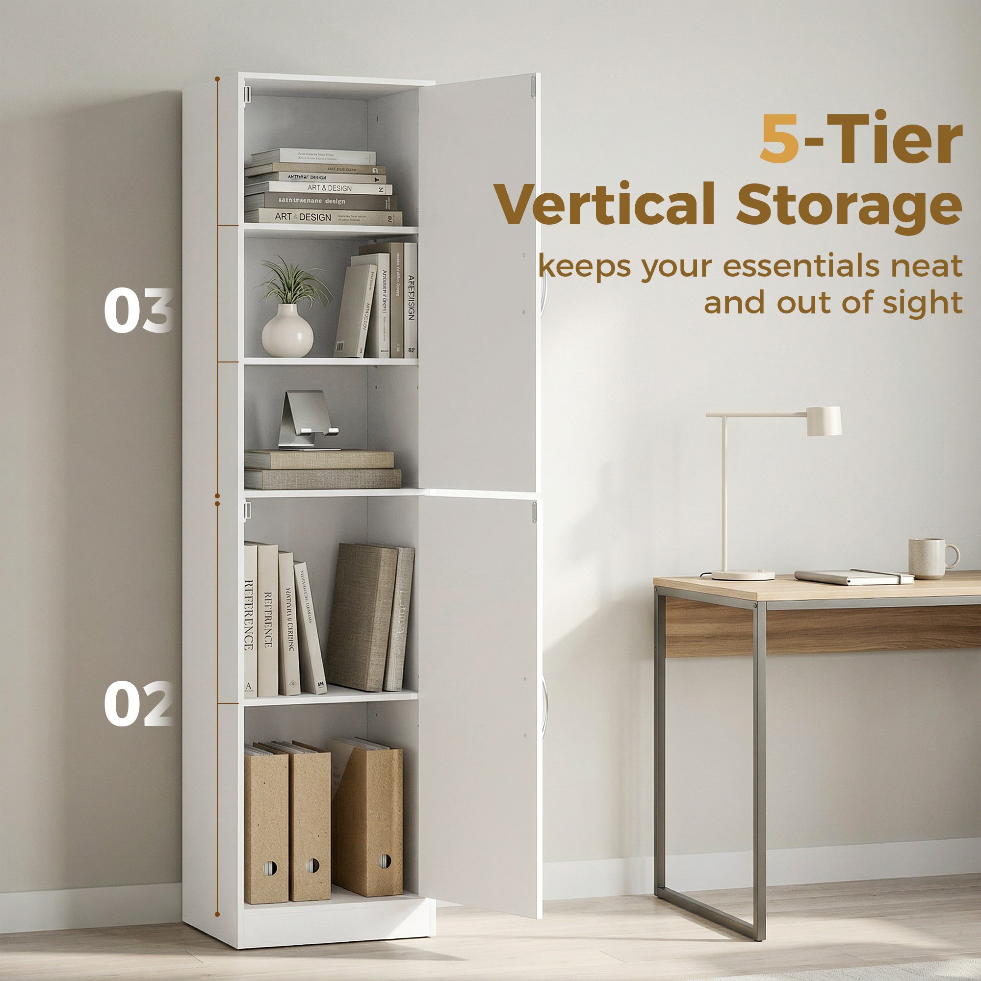 5-Tier Bookcase with 2 Doors, Adjustable Shelves | Modern Standing Shelf 40 x 35 x 180 cm (15.7 x 13.8 x 70.9 in), White