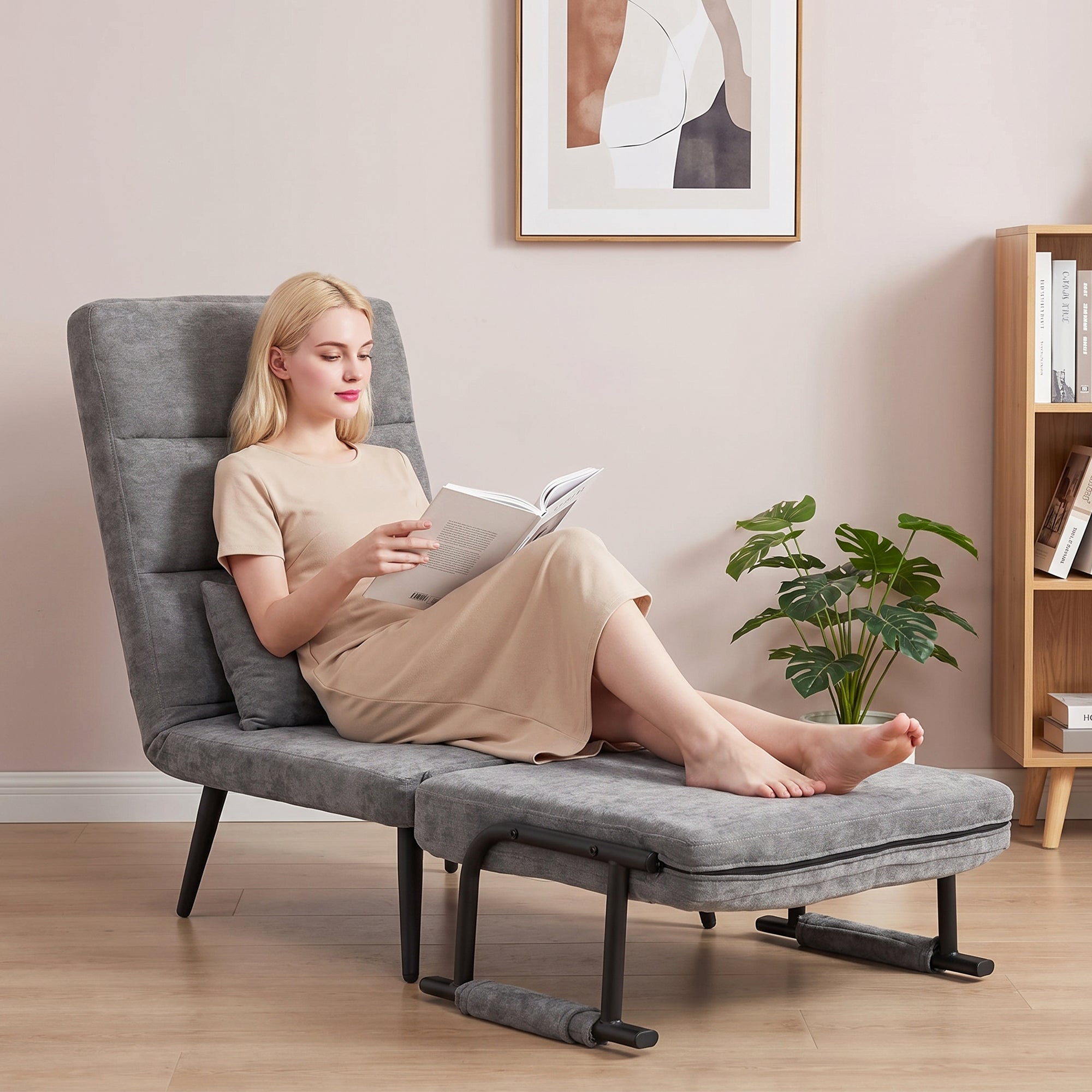 Sleeper Chair — 3-in-1 Foldable Chenille Chair with Click-Clack Backrest, Metal Frame & Pillow, Gray