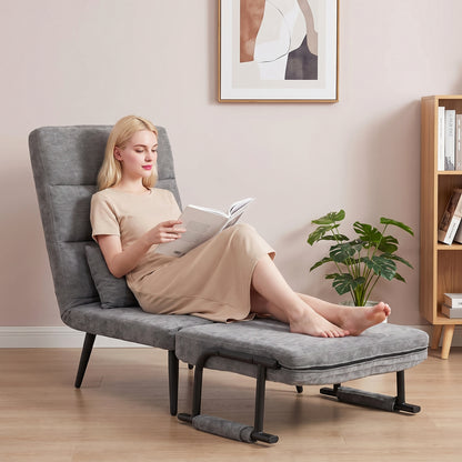 Sleeper Chair — 3-in-1 Foldable Chenille Chair with Click-Clack Backrest, Metal Frame & Pillow, Gray