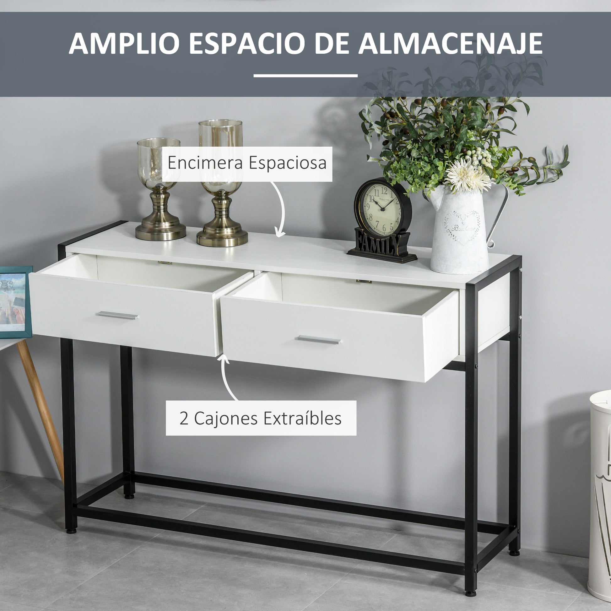 Console Table 120x34x81 cm Entryway Table with 2 Drawers and Adjustable Feet Modern Style Furniture for Hallway Living Room Black and White