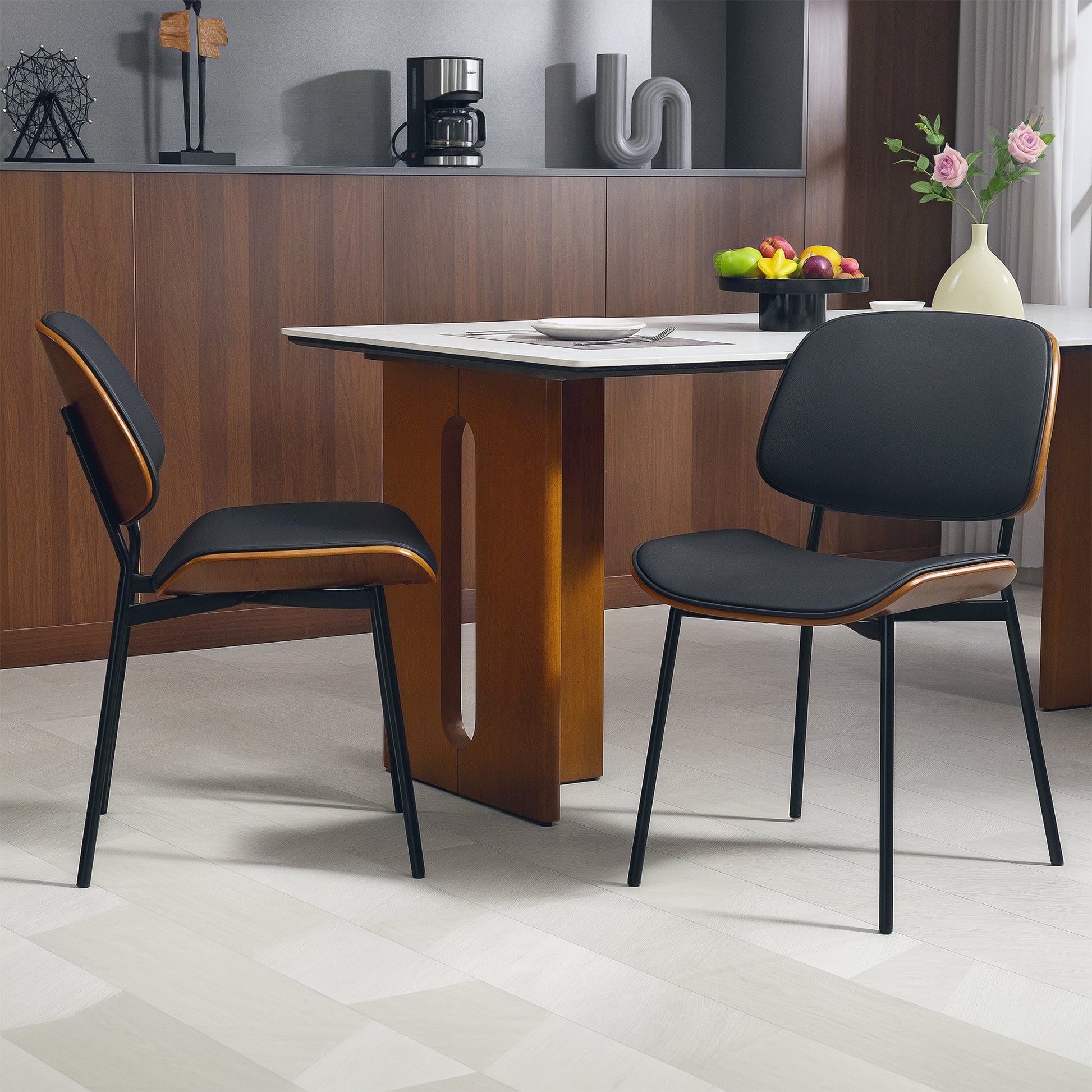 Set of 2 dining chairs, kitchen chairs, classic retro style, curved wood frame, for living room, bedroom, kitchen, black