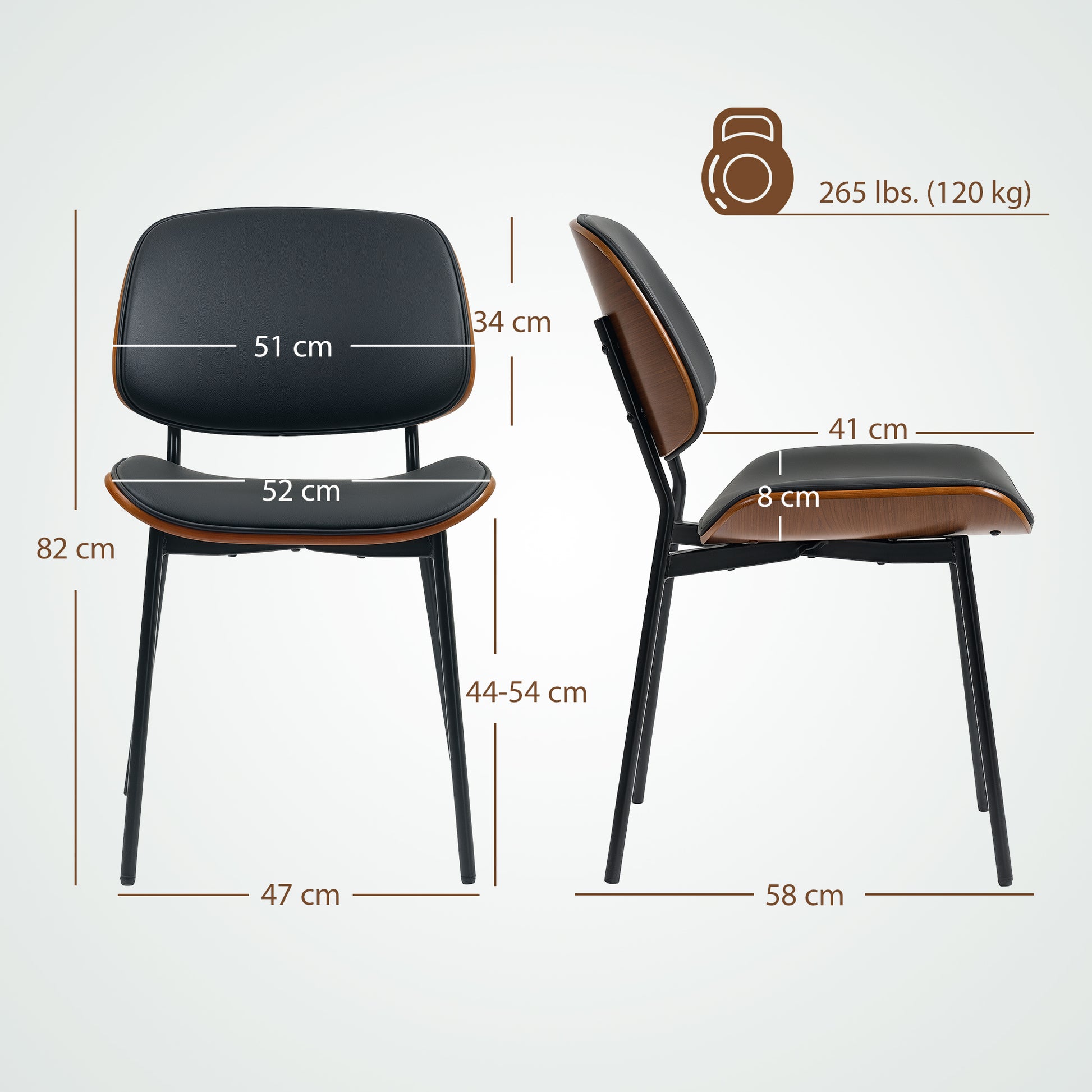 Set of 2 dining chairs, kitchen chairs, classic retro style, curved wood frame, for living room, bedroom, kitchen, black