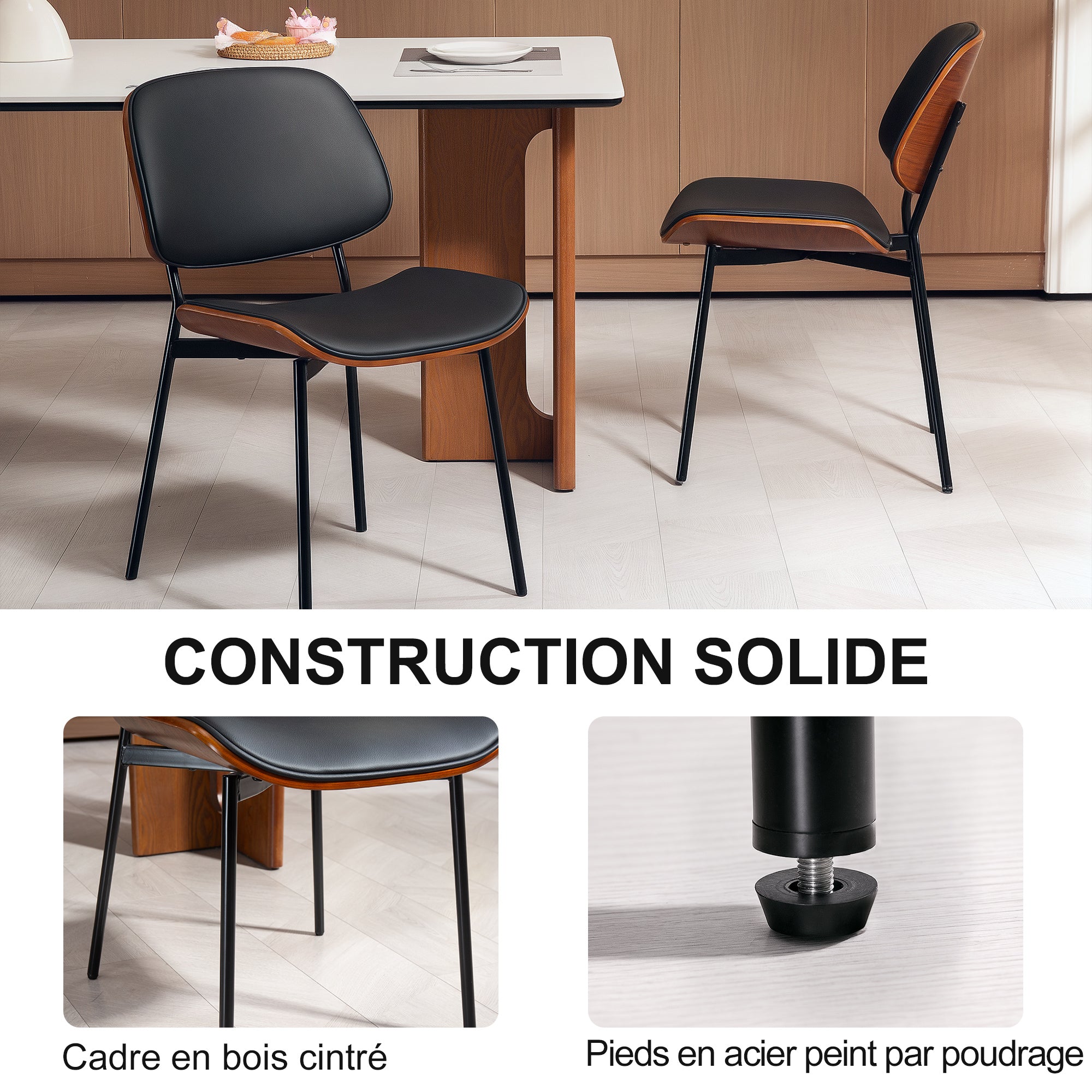 Set of 2 dining chairs, kitchen chairs, classic retro style, curved wood frame, for living room, bedroom, kitchen, black
