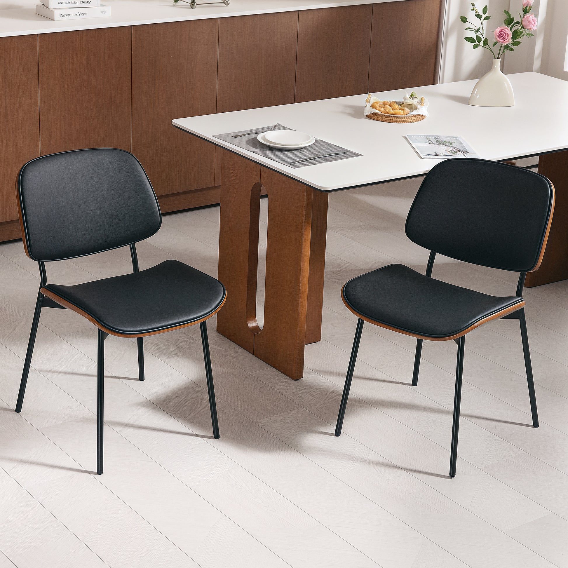 Set of 2 dining chairs, kitchen chairs, classic retro style, curved wood frame, for living room, bedroom, kitchen, black