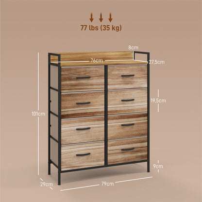 Storage Cabinet Dresser 8 Removable Fabric Drawers, Upper Shelf and Steel Frame 79L x 29W x 101H cm Natural and Black