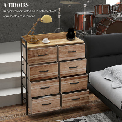 Storage Cabinet Dresser 8 Removable Fabric Drawers, Upper Shelf and Steel Frame 79L x 29W x 101H cm Natural and Black