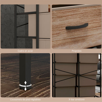 Storage Cabinet Dresser 8 Removable Fabric Drawers, Upper Shelf and Steel Frame 79L x 29W x 101H cm Natural and Black