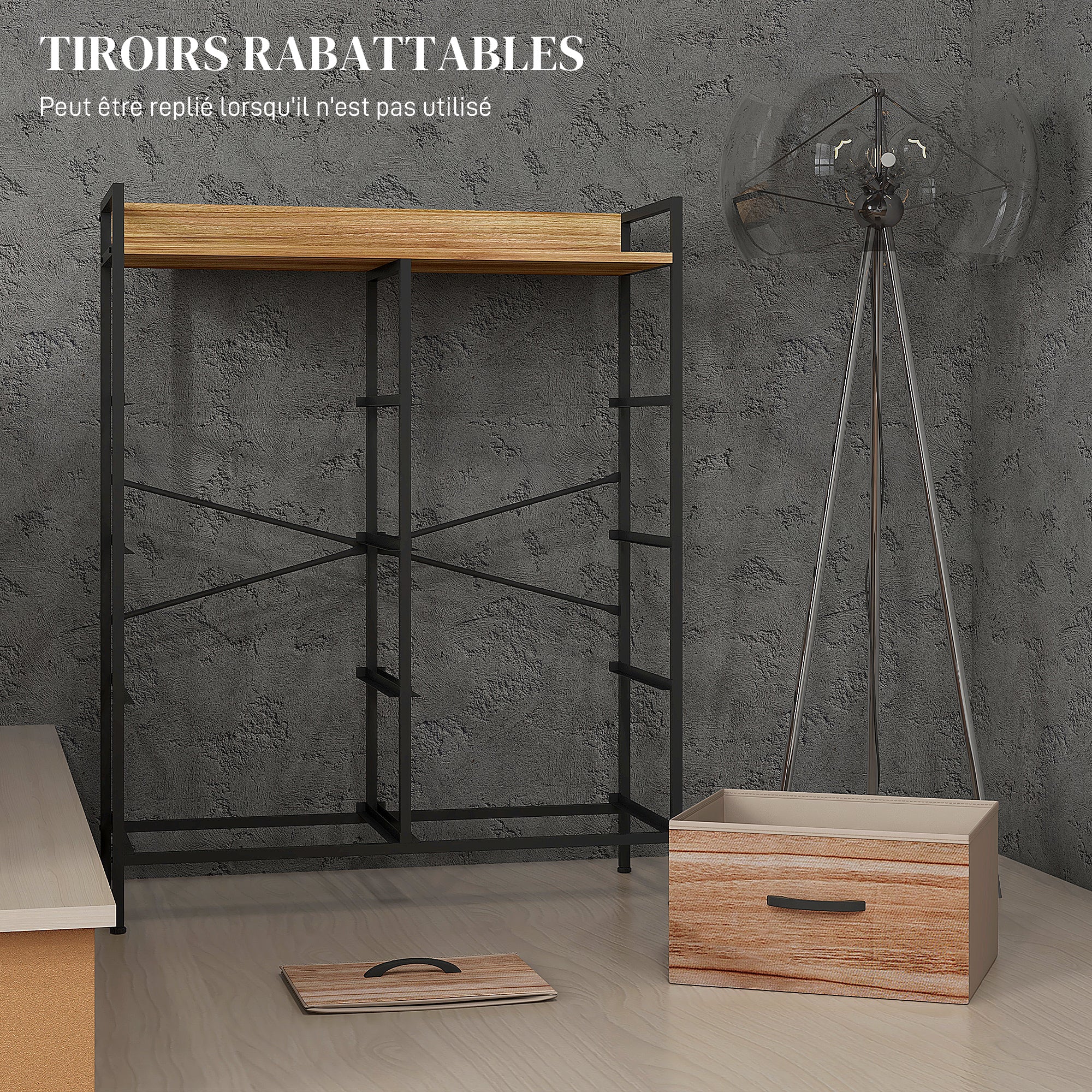 Storage Cabinet Dresser 8 Removable Fabric Drawers, Upper Shelf and Steel Frame 79L x 29W x 101H cm Natural and Black