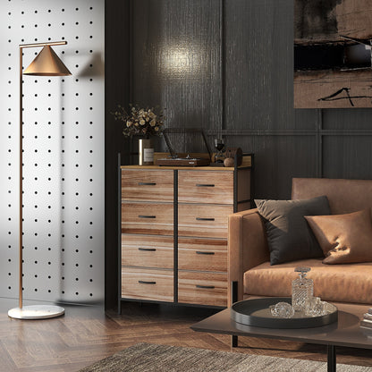 Storage Cabinet Dresser 8 Removable Fabric Drawers, Upper Shelf and Steel Frame 79L x 29W x 101H cm Natural and Black