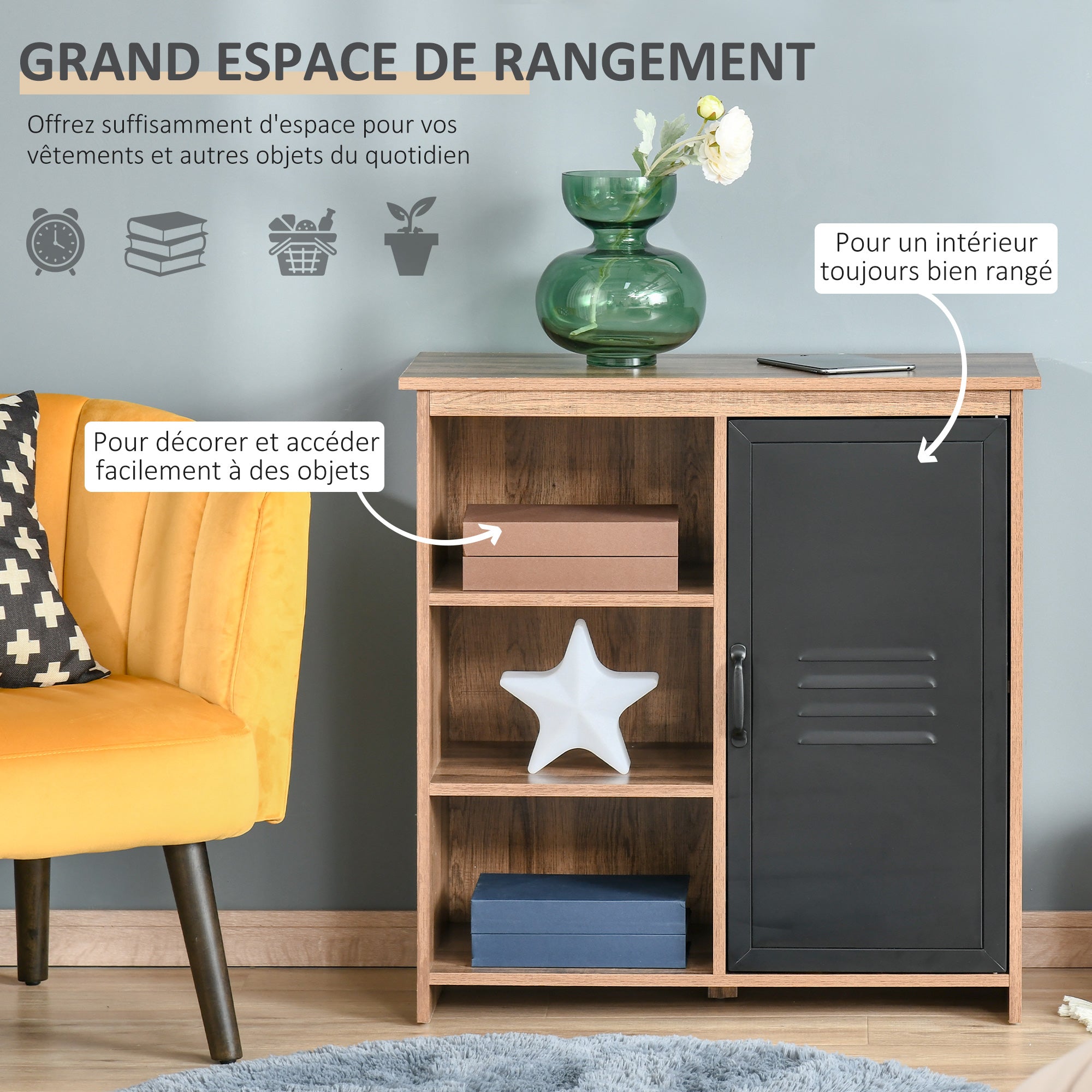 Industrial Sideboard - Storage Unit on legs with 3 niches Cupboard - in Wood and Black Metal Door