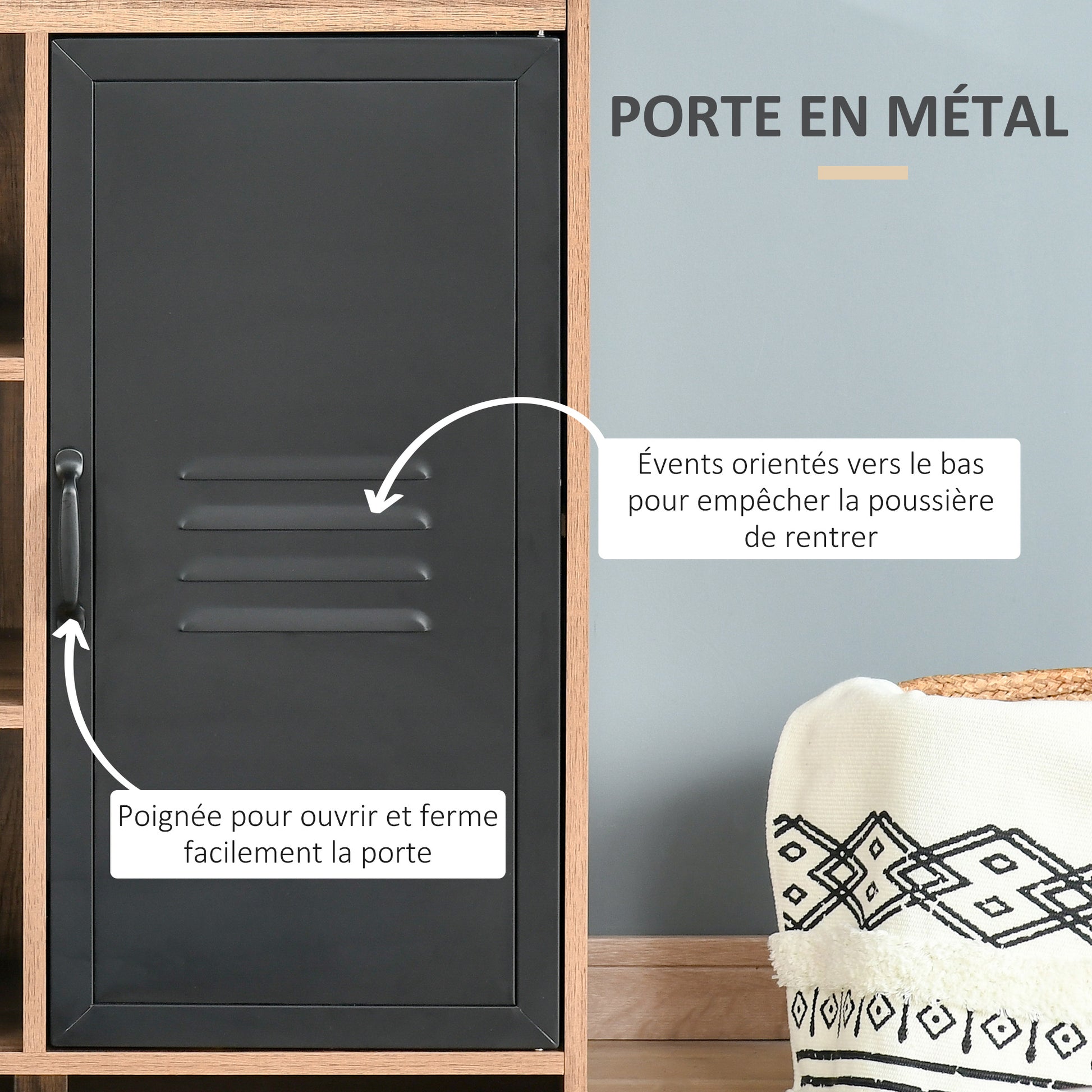Industrial Sideboard - Storage Unit on legs with 3 niches Cupboard - in Wood and Black Metal Door
