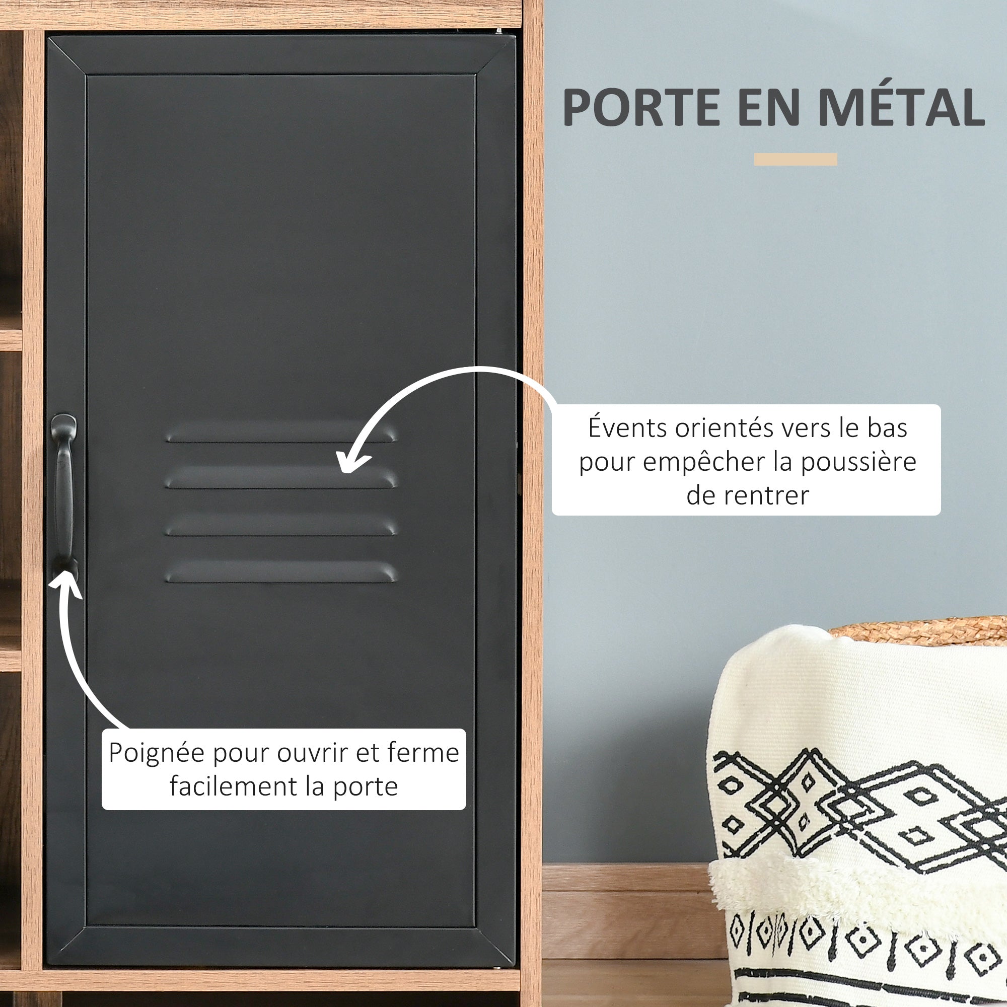 Industrial Sideboard - Storage Unit on legs with 3 niches Cupboard - in Wood and Black Metal Door