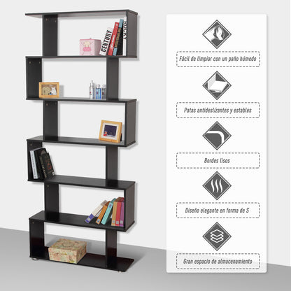 Bookshelf 6 Shelves S Shape Wood 80x24x191 cm Shelves Black