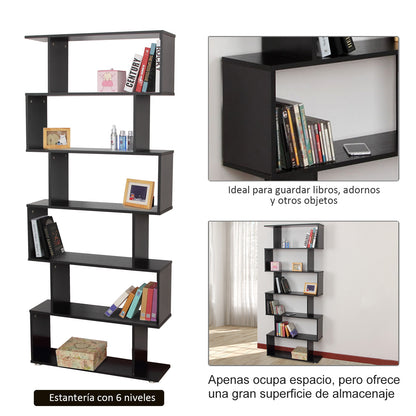 Bookshelf 6 Shelves S Shape Wood 80x24x191 cm Shelves Black