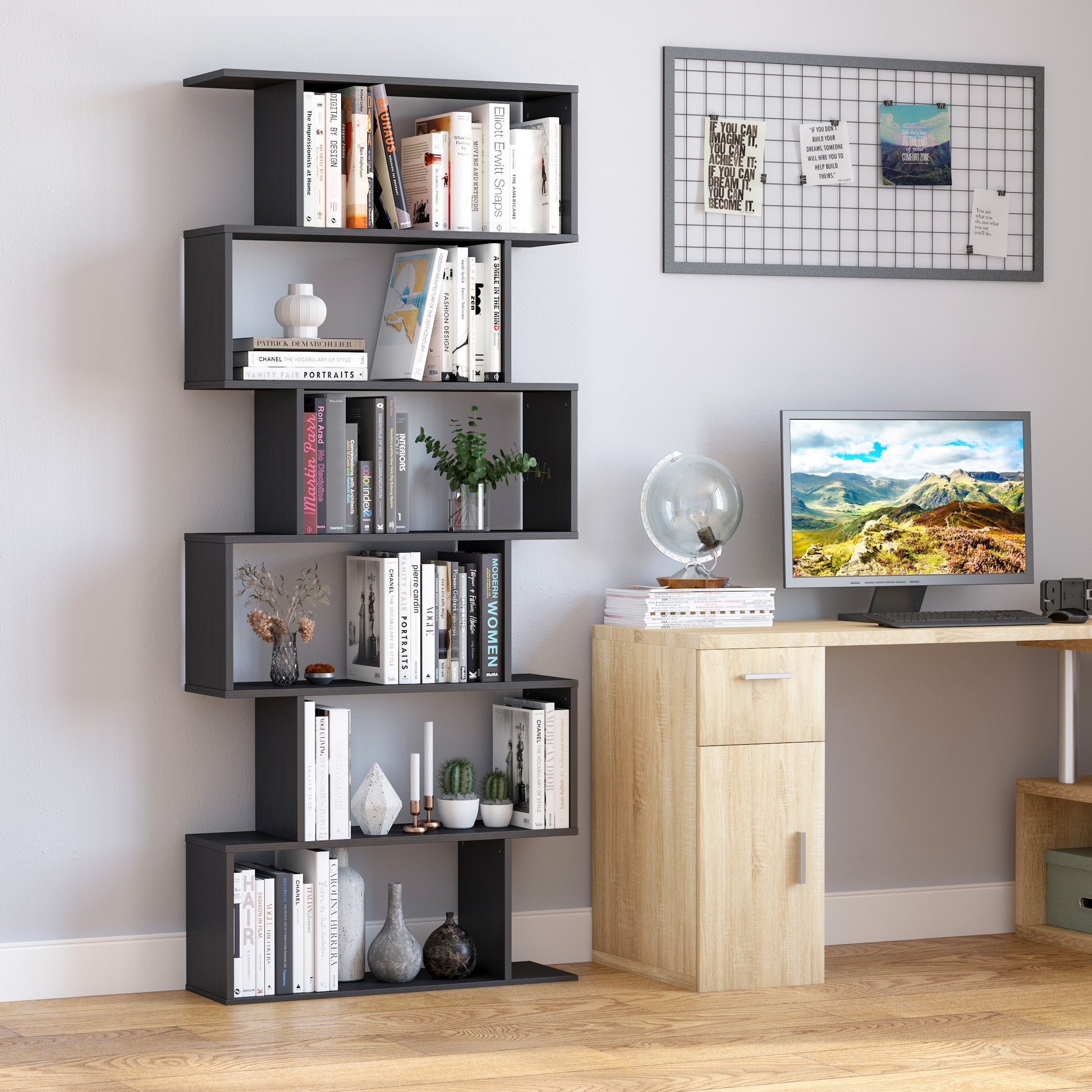 Bookshelf 6 Shelves S Shape Wood 80x24x191 cm Shelves Black