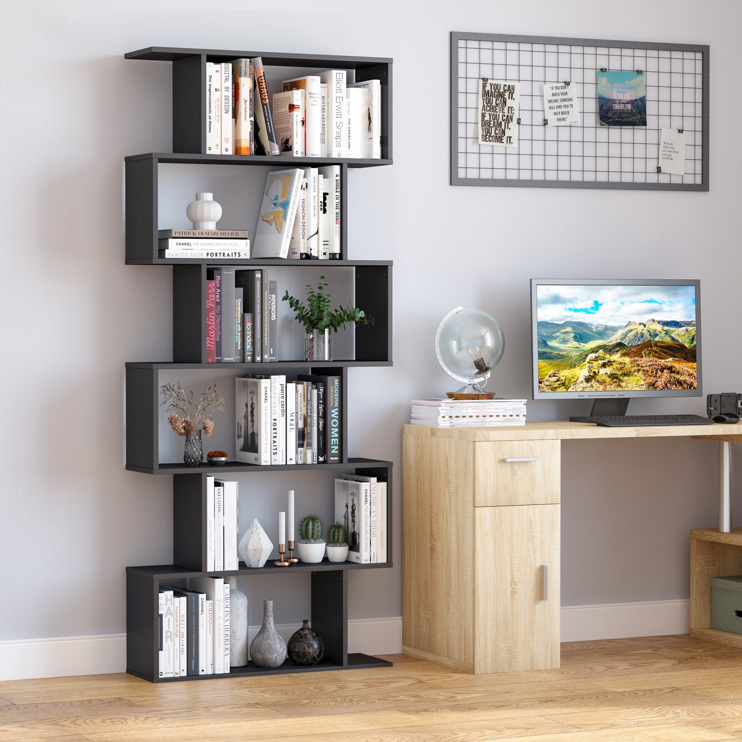 Bookshelf 6 Shelves S Shape Wood 80x24x191 cm Shelves Black