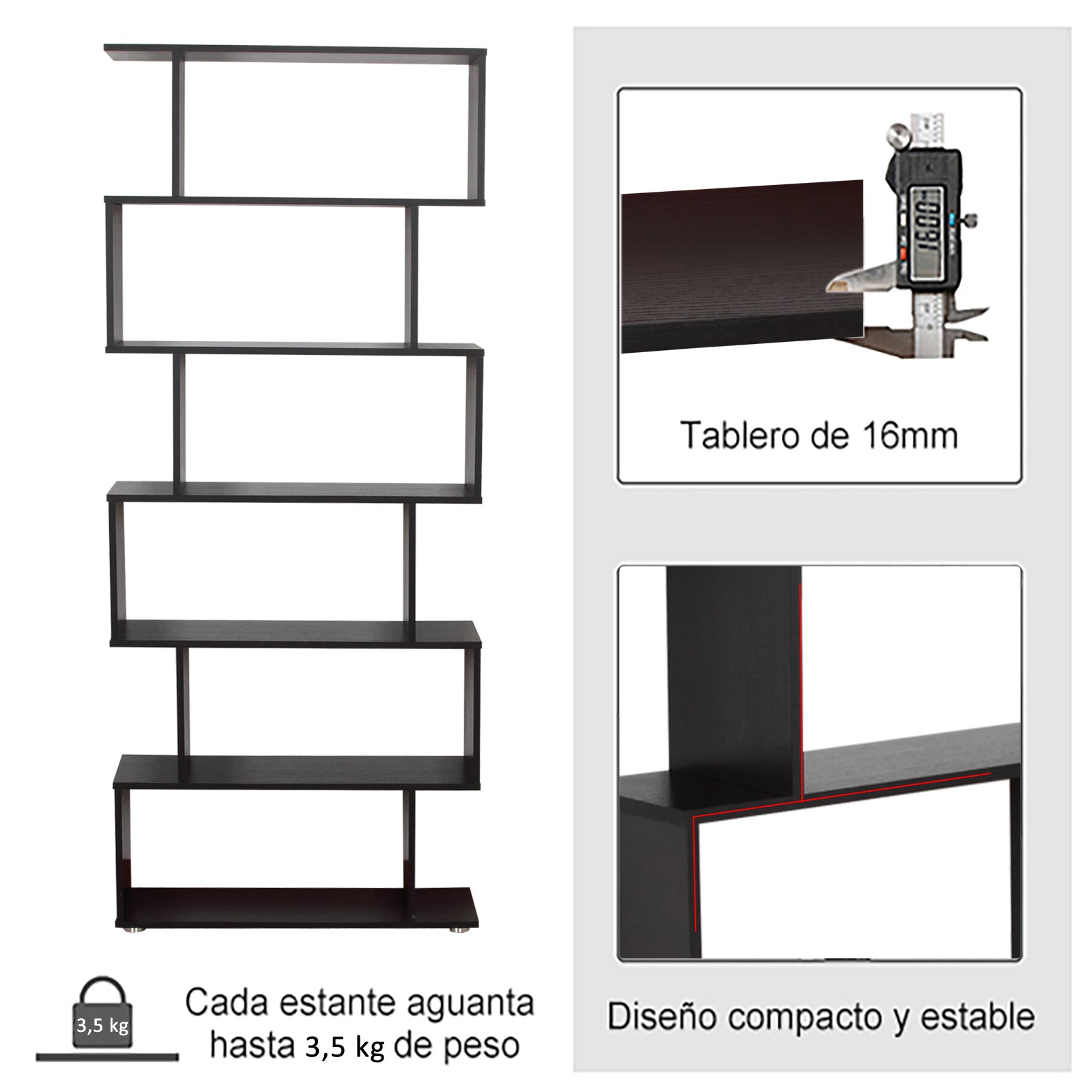 Bookshelf 6 Shelves S Shape Wood 80x24x191 cm Shelves Black